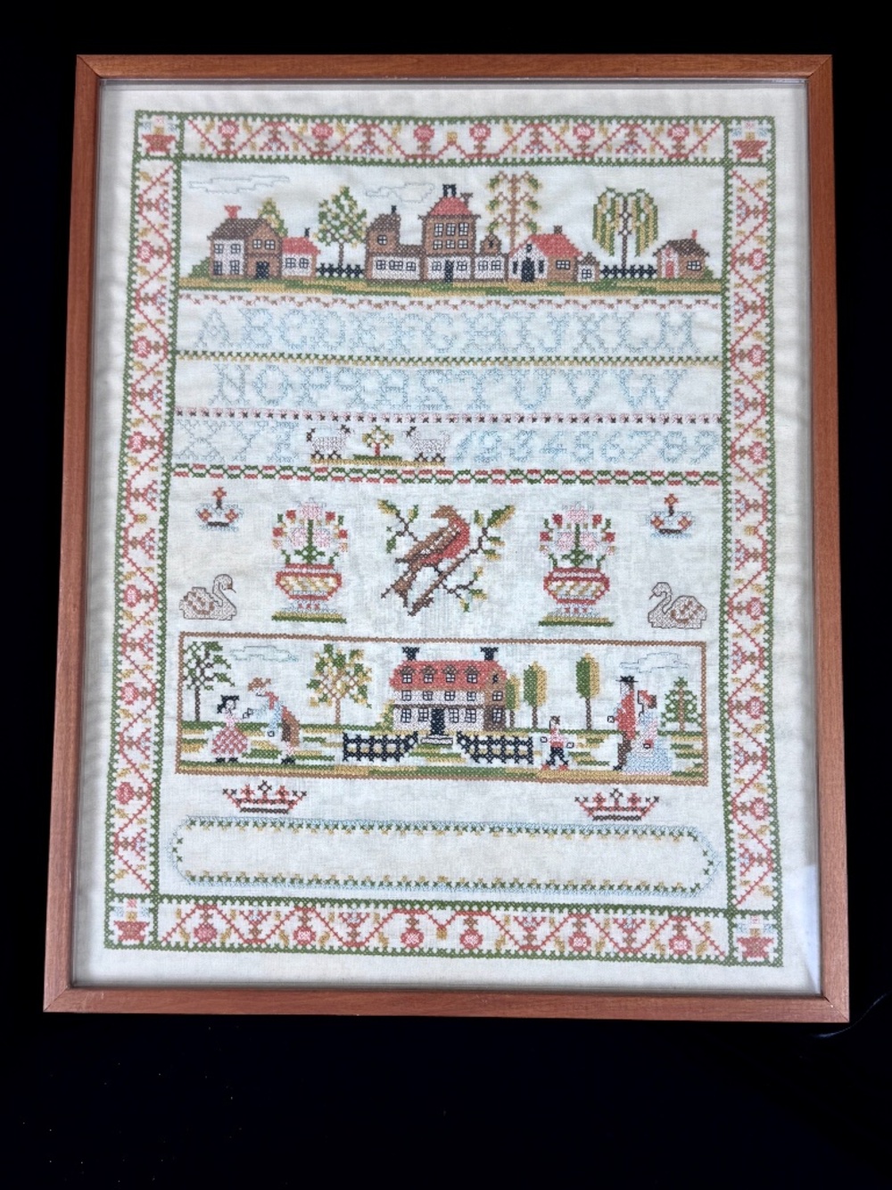 Vintage Framed Cross Stitch Sampler 21 X 17 Folk Art Cottagecore Vermont Estate